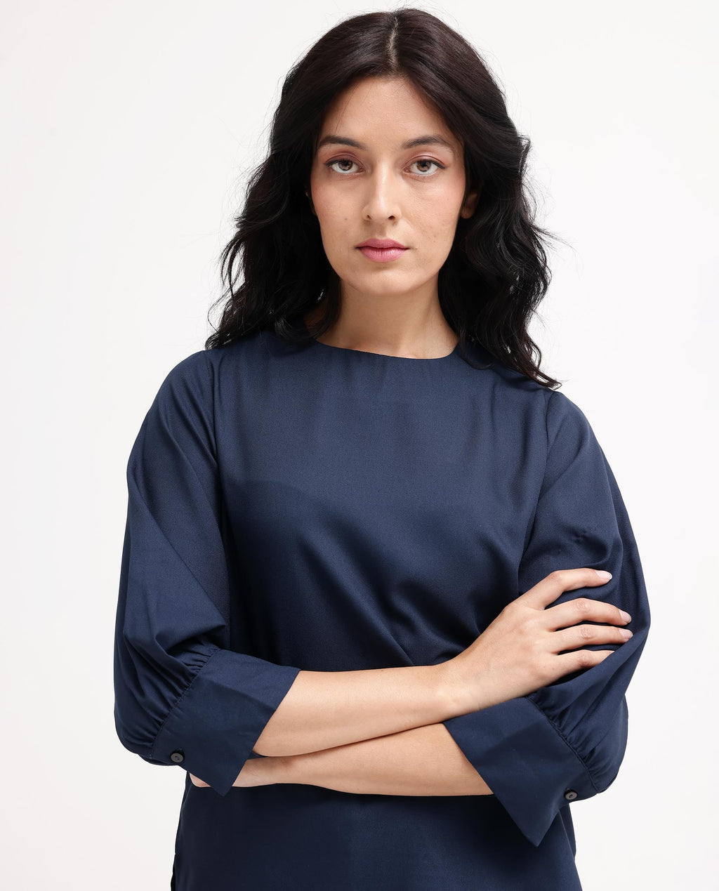 Rareism Women Elara Navy Polyester Fabric Full Sleeve Round Neck Solid Regular Fit Top
