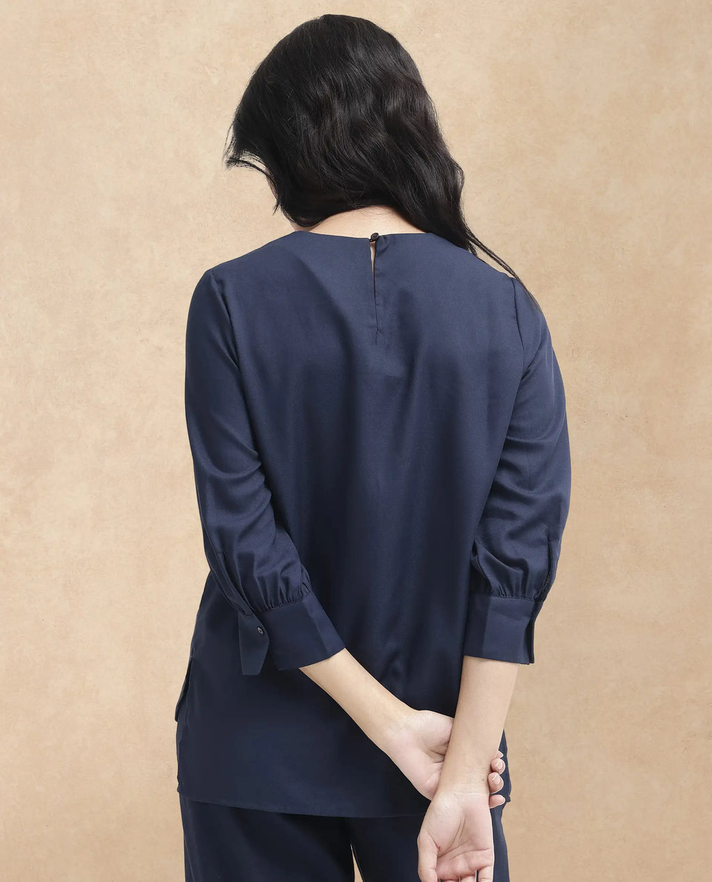 Rareism Women's Elara Navy Cotton Blend Mandarin Collar Plain Cuffed Sleeve Regular Fit Top