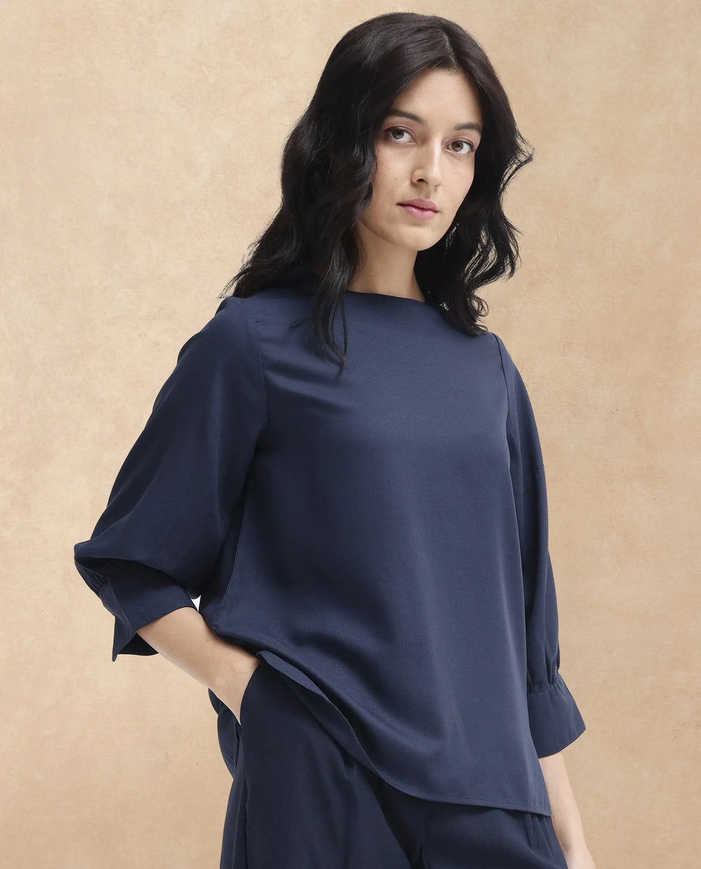 Rareism Women's Elara Navy Cotton Blend Mandarin Collar Plain Cuffed Sleeve Regular Fit Top