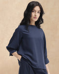Rareism Women's Elara Navy Cotton Blend Mandarin Collar Plain Cuffed Sleeve Regular Fit Top