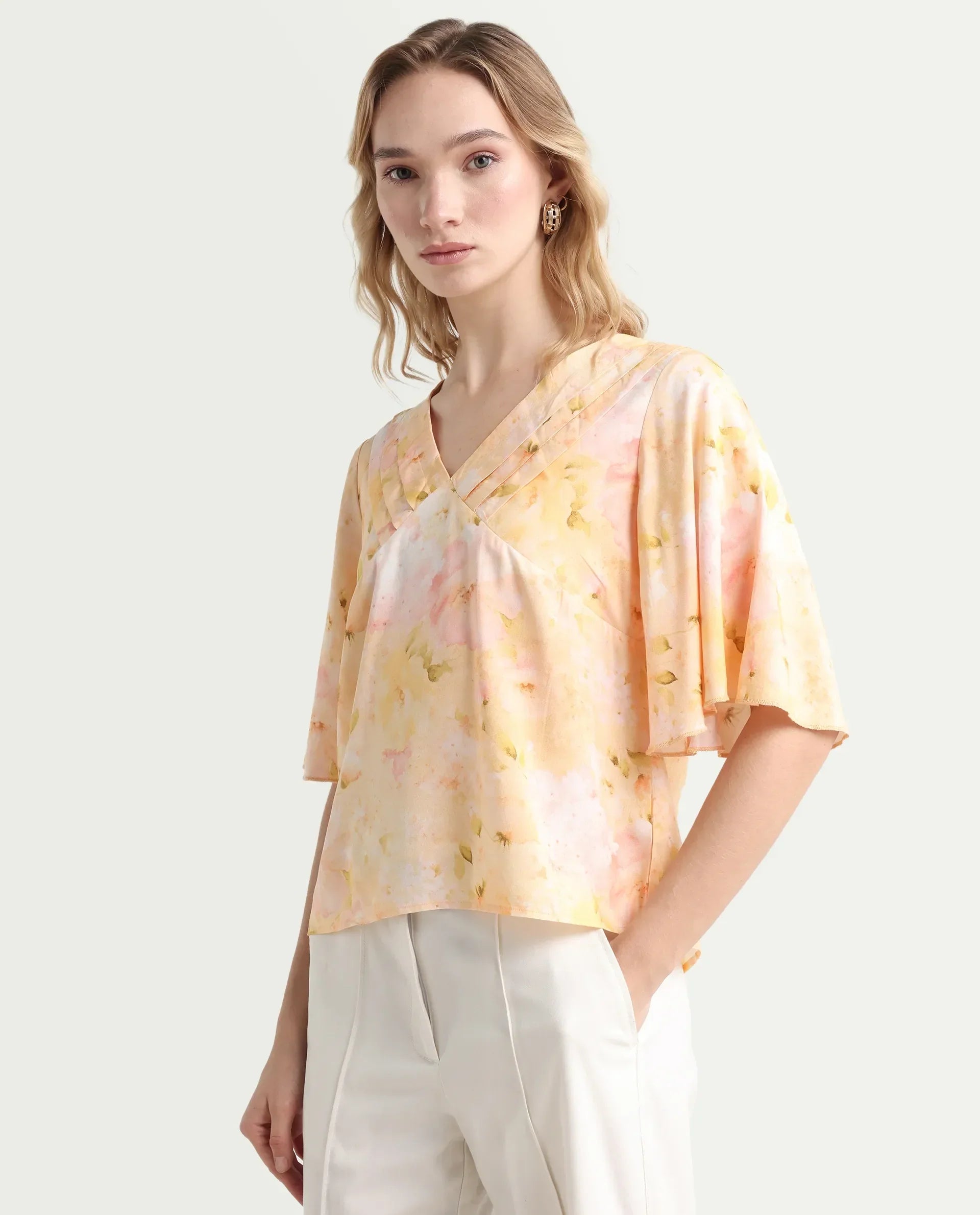 Rareism Women's Elara Yellow Viscose V-Neck Regular Fit Top