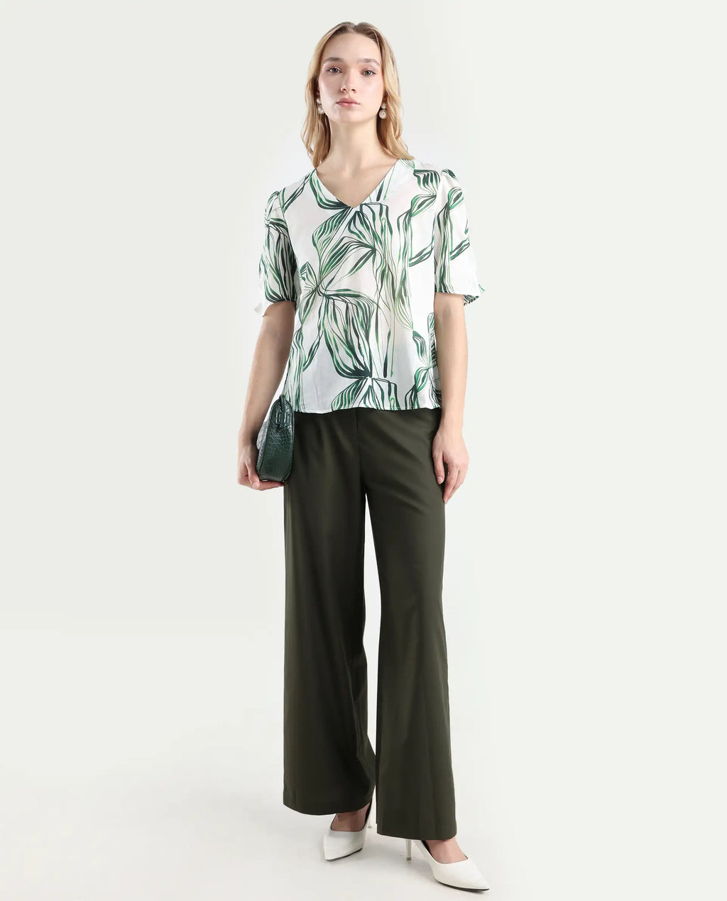 Rareism Women Elary Dark Olive Viscose Blend Button Closure Wide Leg Fit Plain Trouser
