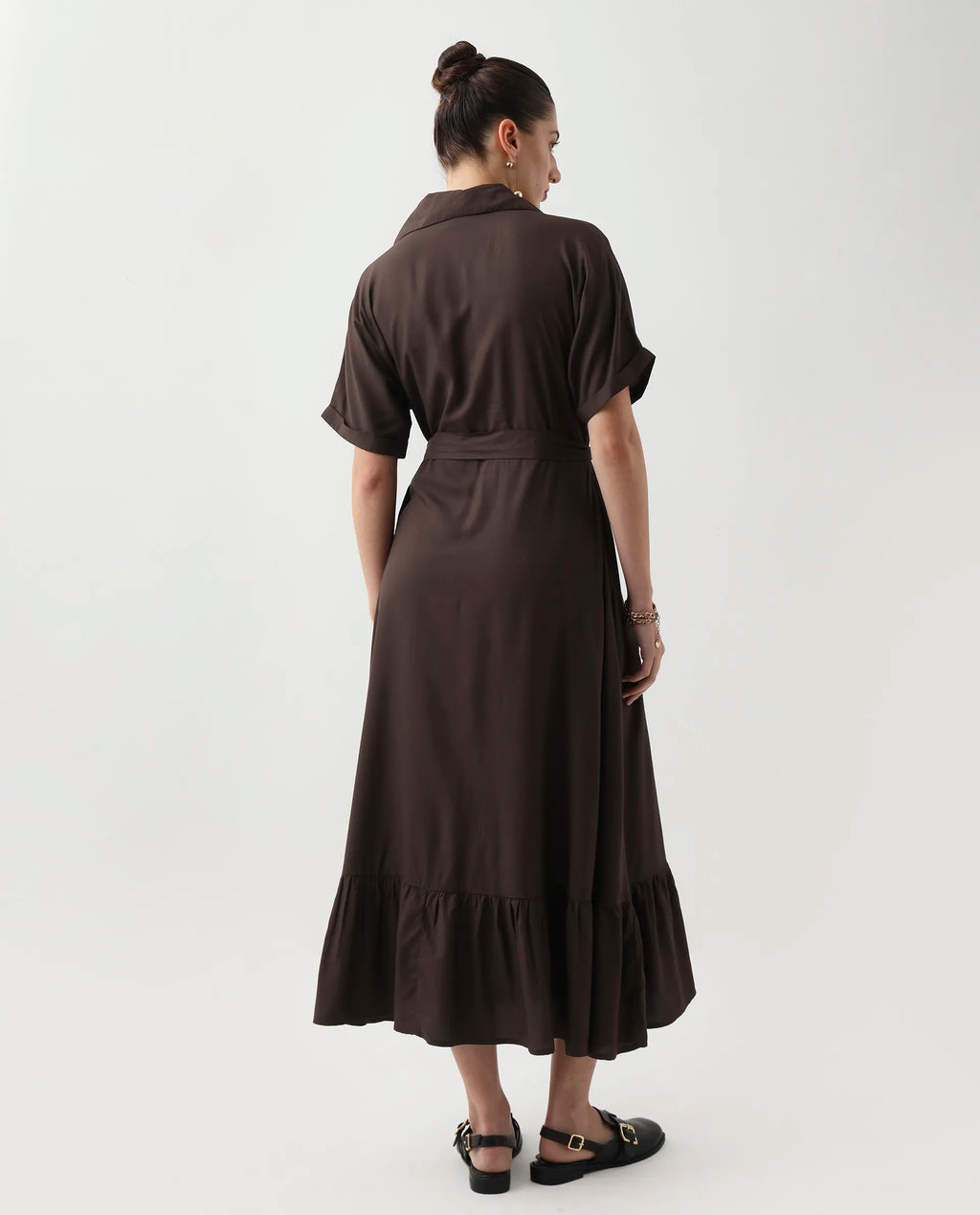 Rareism Women's Elate Brown Viscose Johnny Collar A-Line Plain Midi Dress