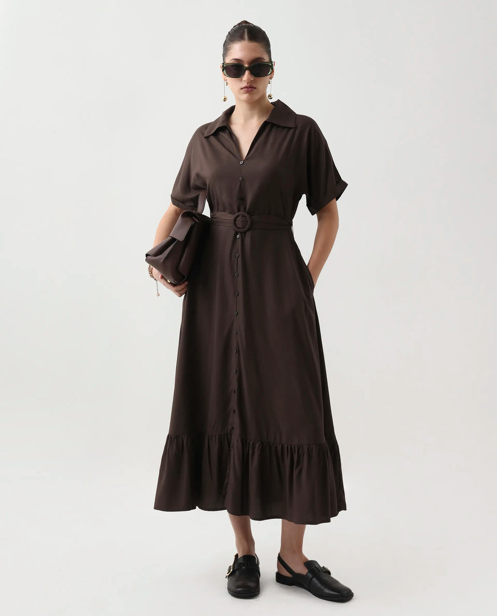 Rareism Women's Elate Brown Viscose Johnny Collar A-Line Plain Midi Dress