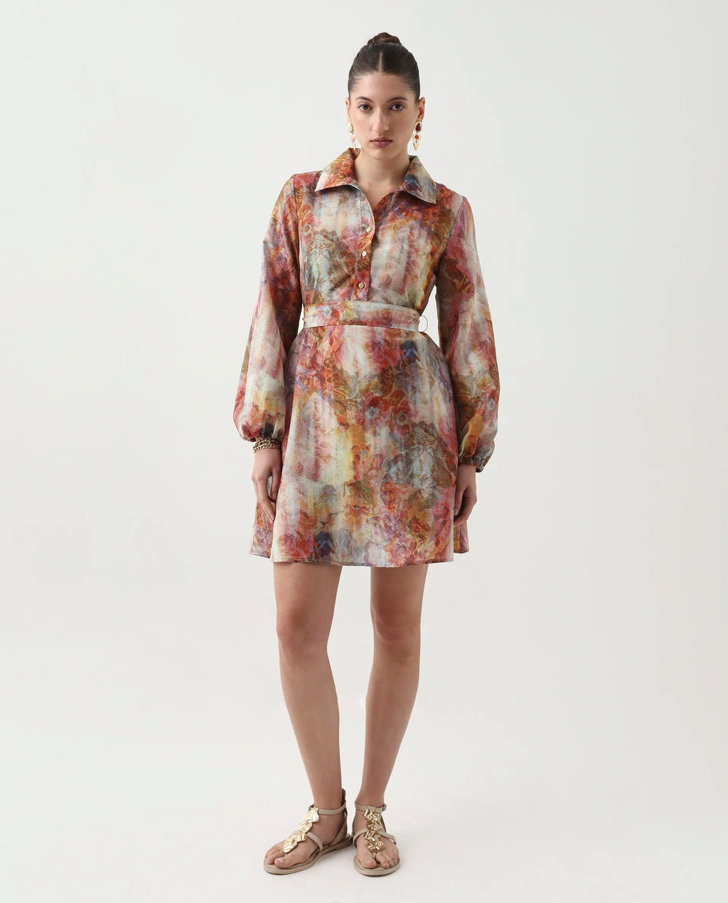 Rareism Women's Elbon Multi Polyester Collared Neck A-Line Printed Dress