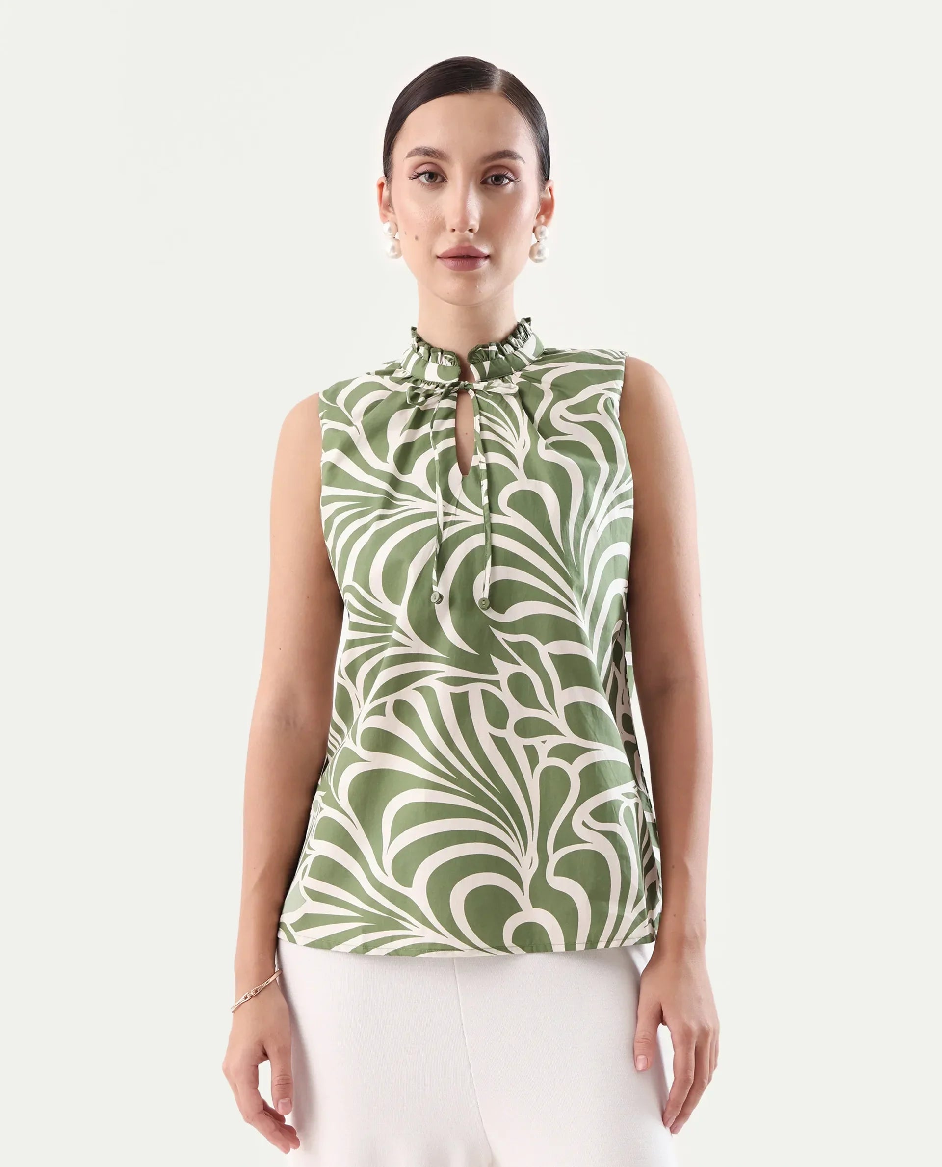 Rareism Women's Elcie Olive Cotton Mandarin Collar Regular Fit Top