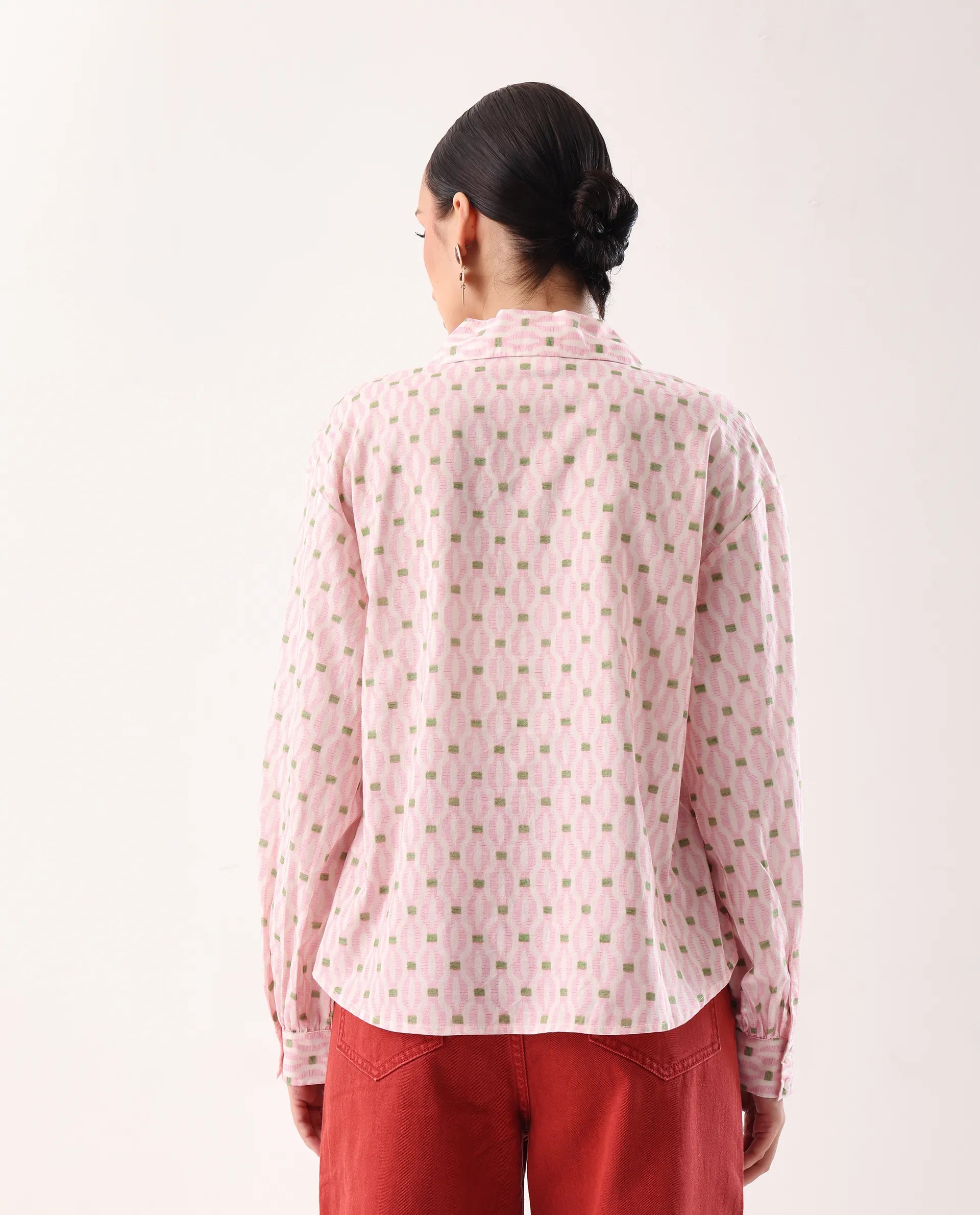 Rareism Women's Eldan Pink Cotton Collared Neck Relaxed Fit Top