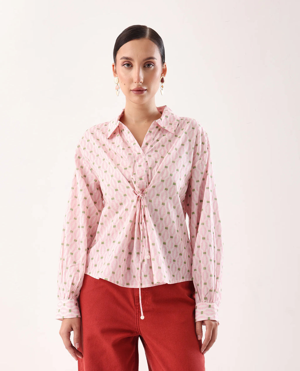 Rareism Women's Eldan Pink Cotton Collared Neck Relaxed Fit Top