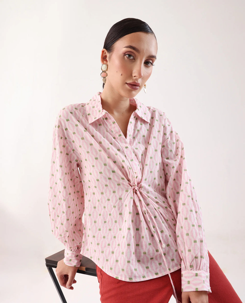 Rareism Women's Eldan Pink Cotton Collared Neck Relaxed Fit Top