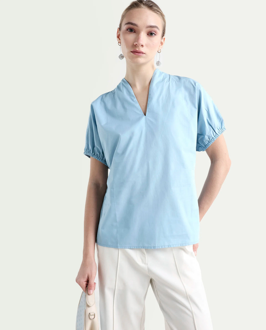 Rareism Women's Eldee Blue Cotton V-Neck Regular Fit Plain Top