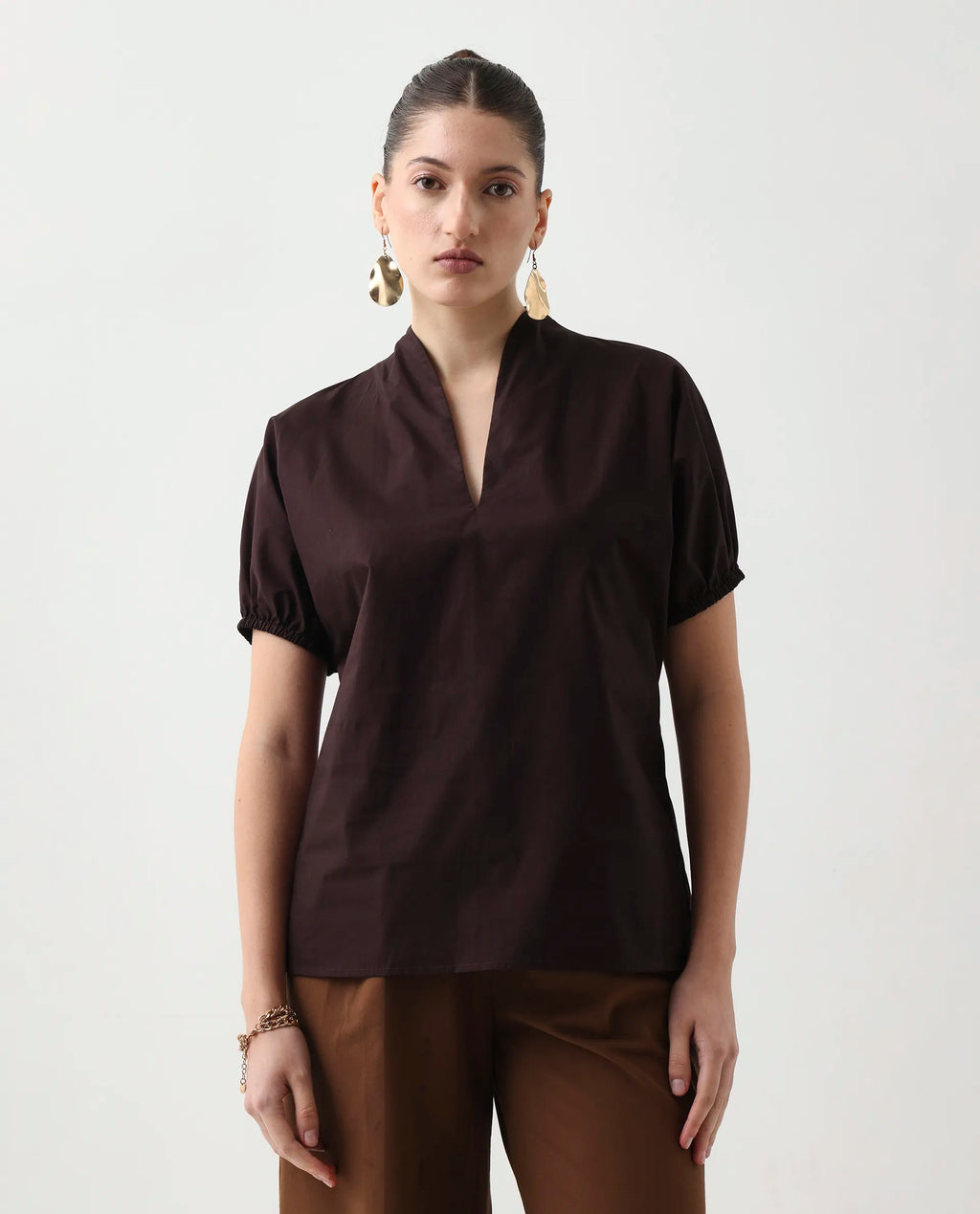 Rareism Women's Eldee Brown Cotton Extended Sleeves V-Neck Regular Fit Plain Top