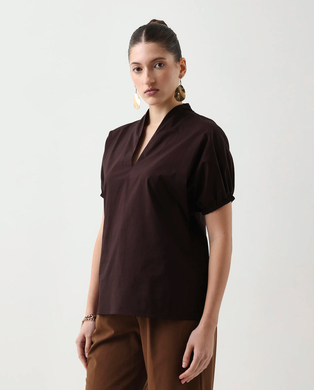 Rareism Women's Eldee Brown Cotton Extended Sleeves V-Neck Regular Fit Plain Top