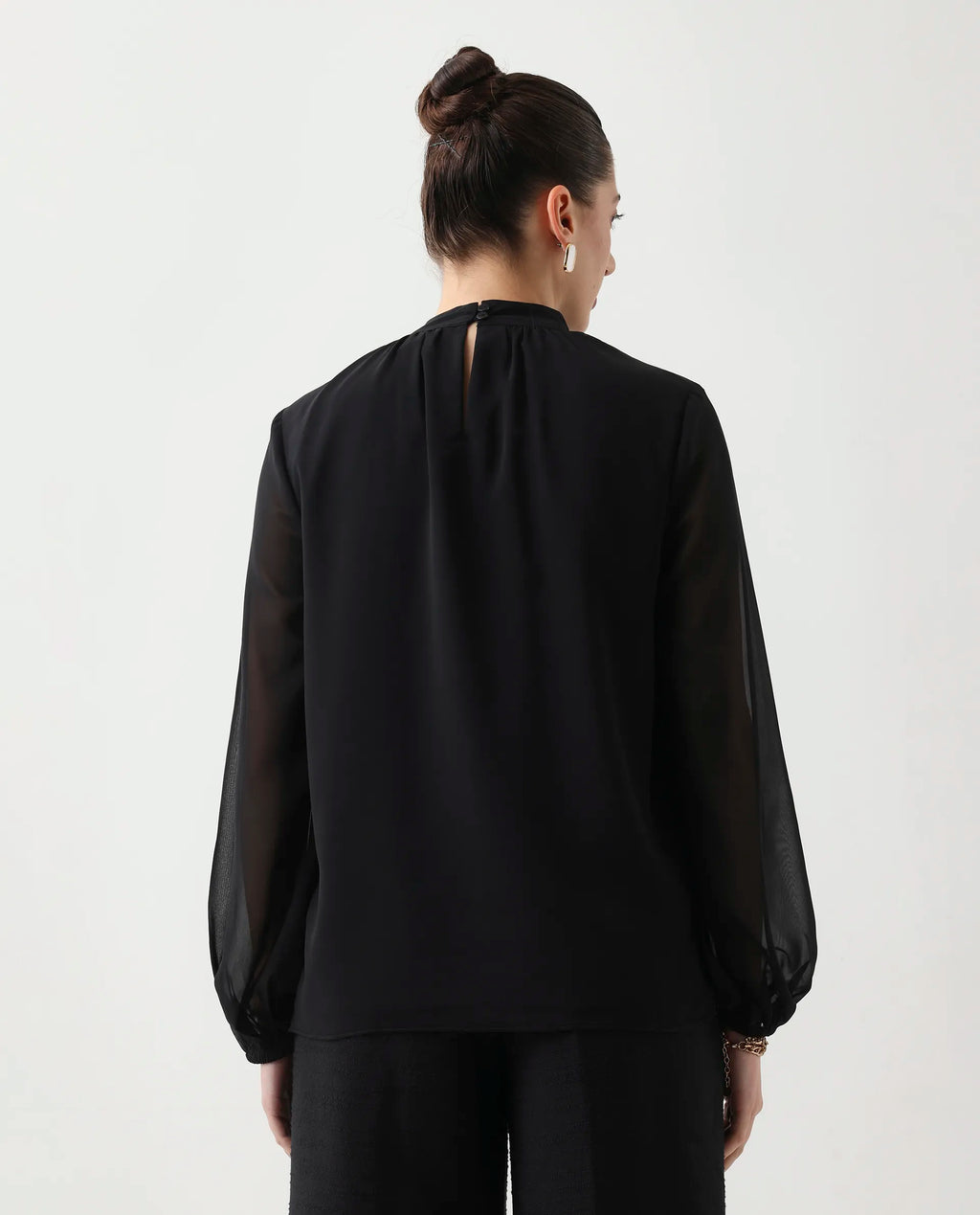 Rareism Women's Elden Black Polyester Bishop Sleeve Tie-Up Neck Regular Fit Plain Top