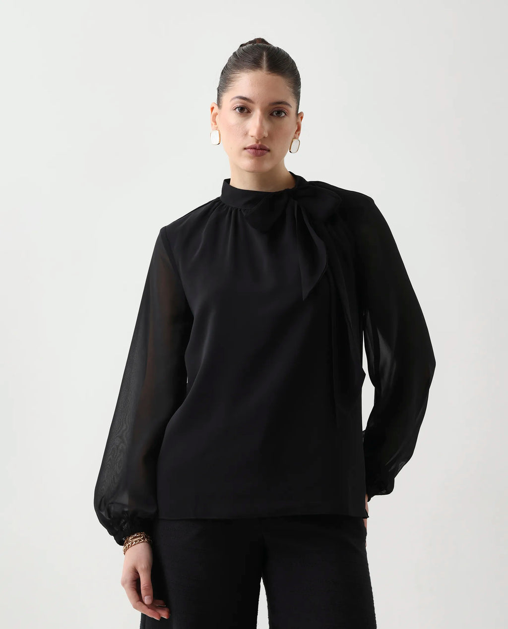 Rareism Women's Elden Black Polyester Bishop Sleeve Tie-Up Neck Regular Fit Plain Top