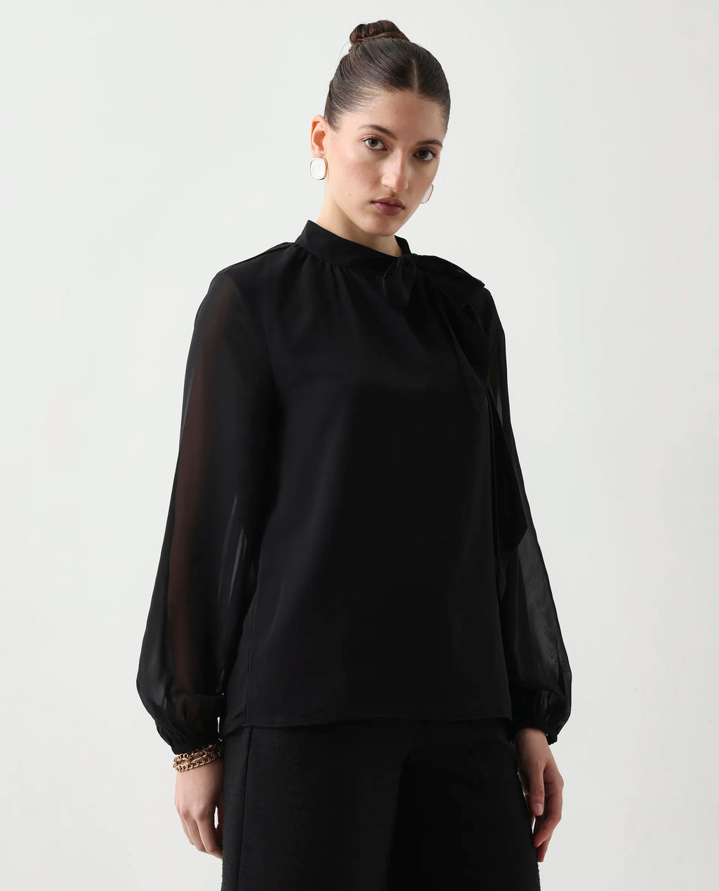 Rareism Women's Elden Black Polyester Bishop Sleeve Tie-Up Neck Regular Fit Plain Top