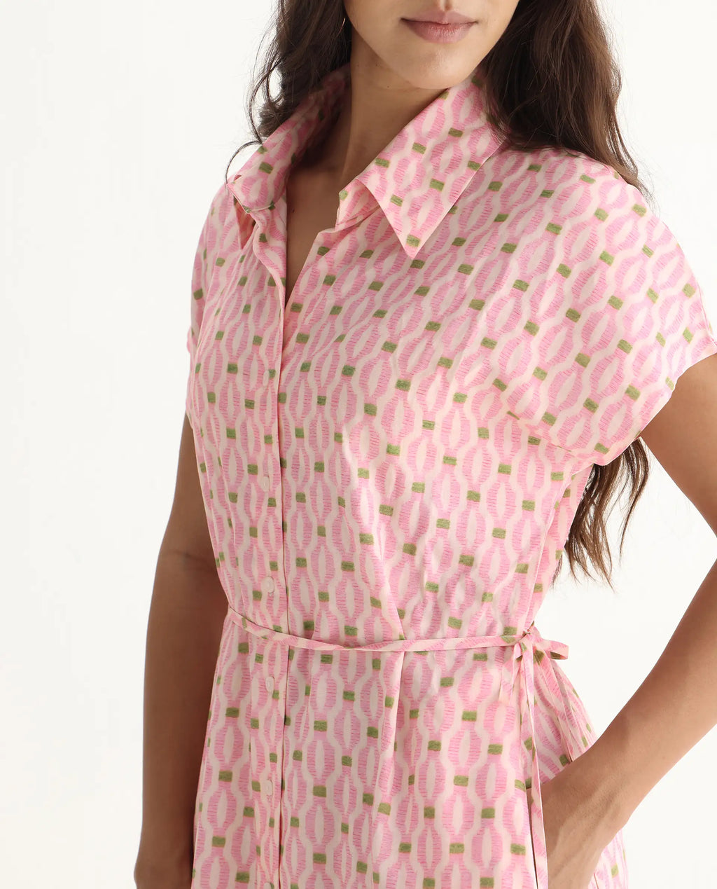 Rareism Women's Eleen Pink Viscose Collared Neck A-Line Printed Midi Dress
