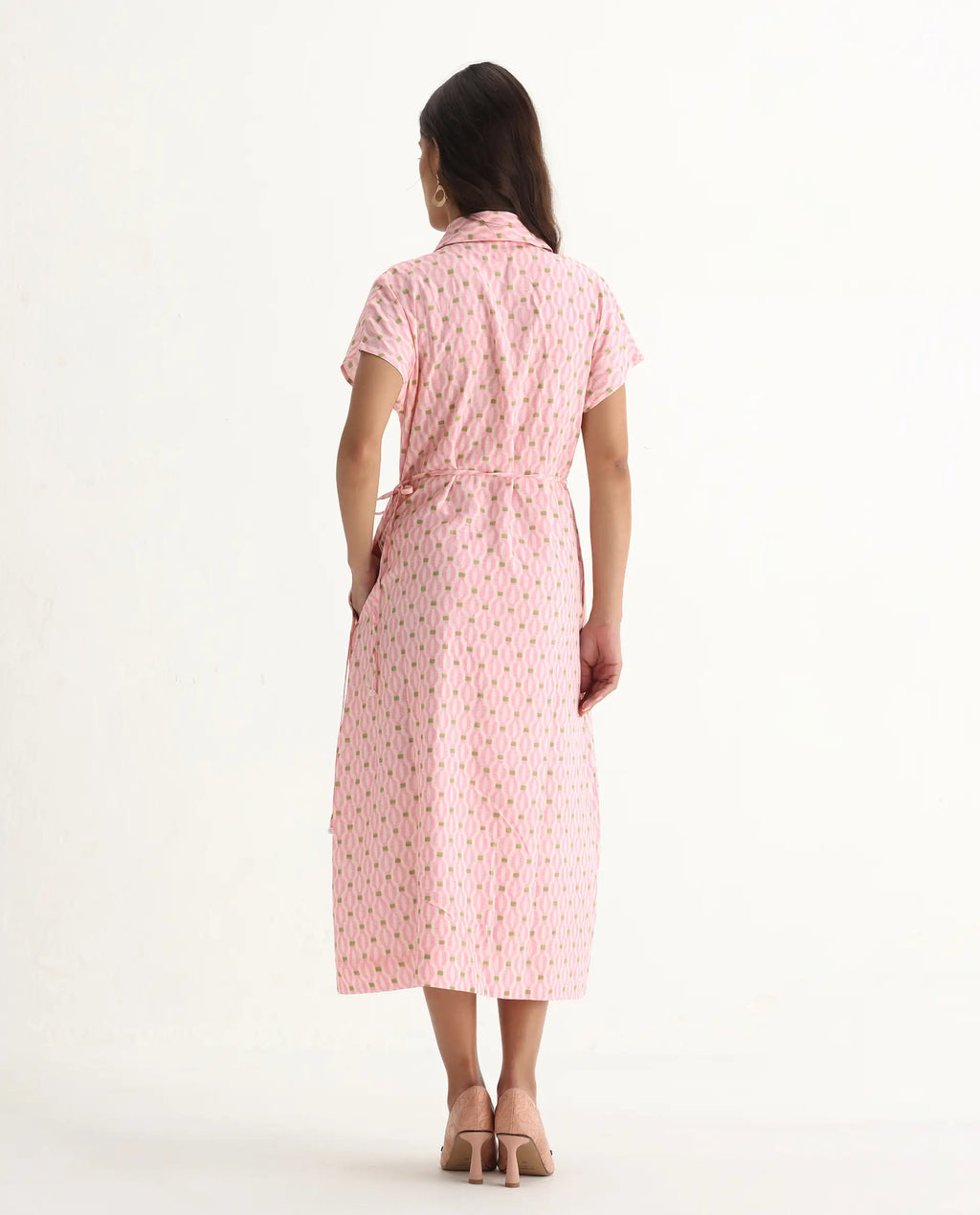 Rareism Women's Eleen Pink Viscose Collared Neck A-Line Printed Midi Dress