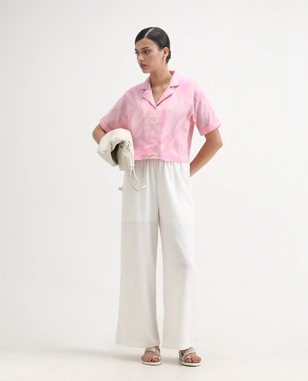 Rareism Women's Eleme-T Light Pink Polyester Extended Sleeves Lapel Neck Regular Fit Top