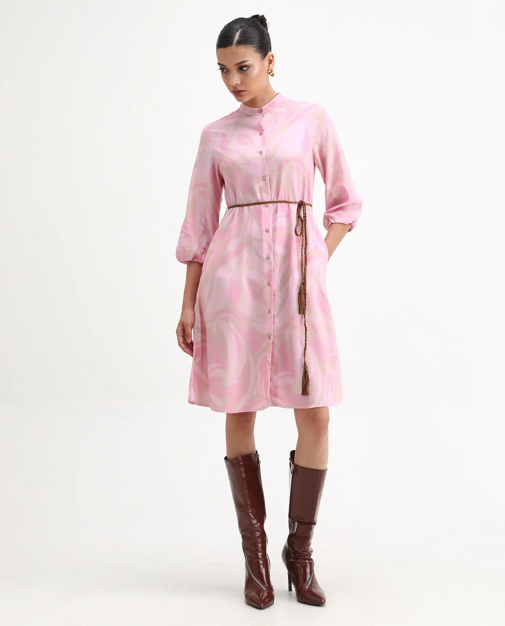 Rareism Women's Elena Light Pink Viscose Mandarin Collar A-Line Printed Dress