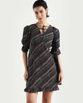 Rareism Women's Elevate Black Viscose V-Neck Floral Print Knee Length Regular Fit Dress
