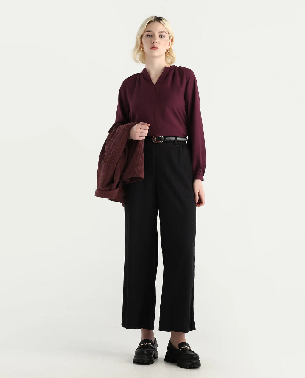 Rareism Women's Elexa Maroon 100% Polyester Raglan Sleeves Mandarin Collar Regular Fit Plain Top