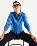 Rareism Women's Ellery Blue Cotton Blend Drop Collar Plain Regular Fit Shirt