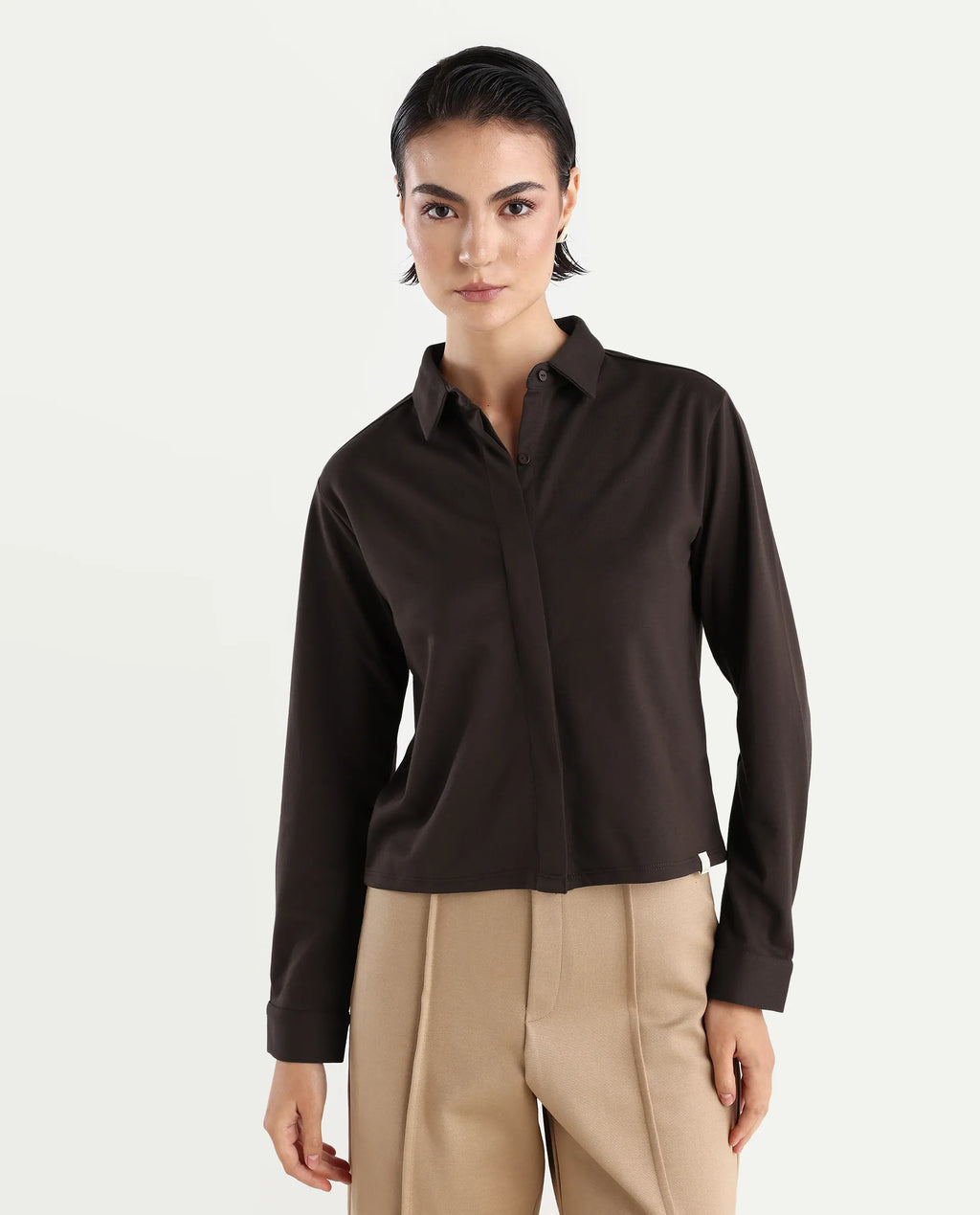 Rareism Women's Ellery Brown Cotton Blend Drop Collar Plain Regular Fit Shirt