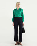 Rareism Women's Elmar Green Cotton Raglan Sleeves Mandarin Collar Regular Fit Plain Top