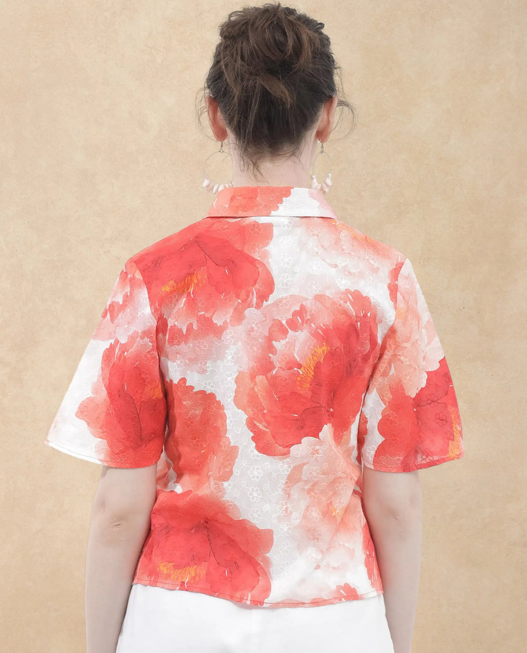 Rareism Women's Elmaso Pink Drop Collar Floral Print Bell Sleeve Regular Fit Top