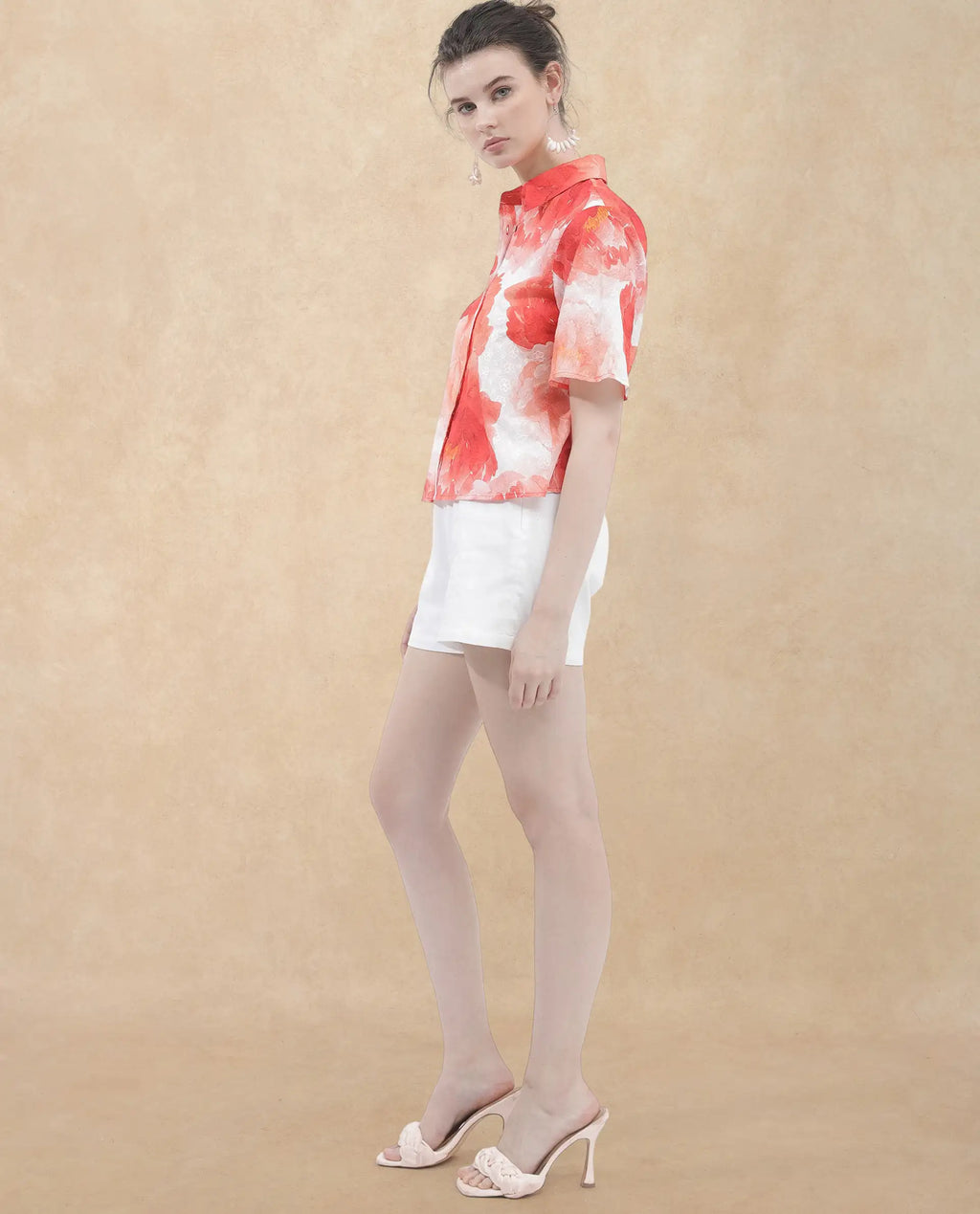 Rareism Women's Elmaso Pink Drop Collar Floral Print Bell Sleeve Regular Fit Top