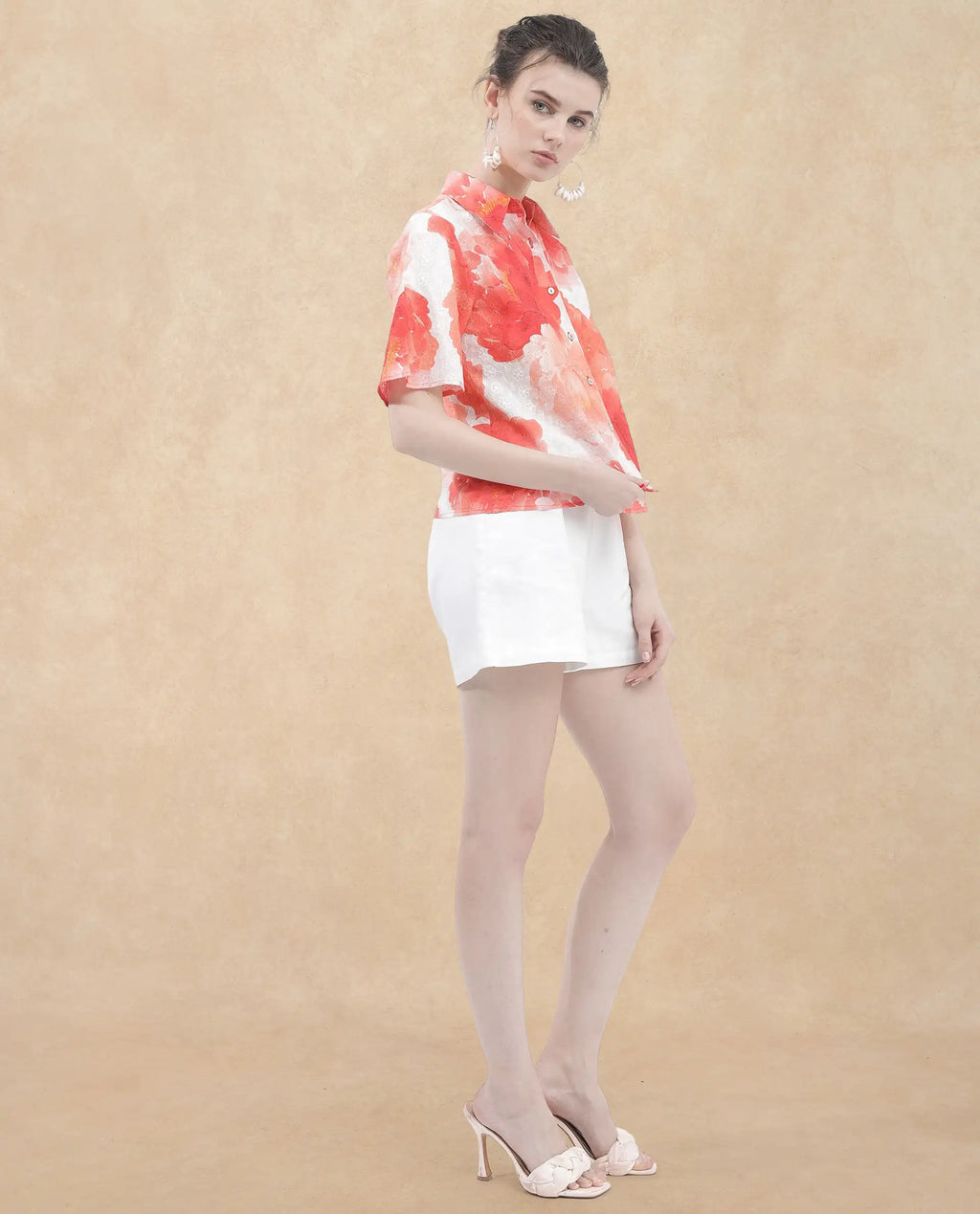 Rareism Women's Elmaso Pink Drop Collar Floral Print Bell Sleeve Regular Fit Top