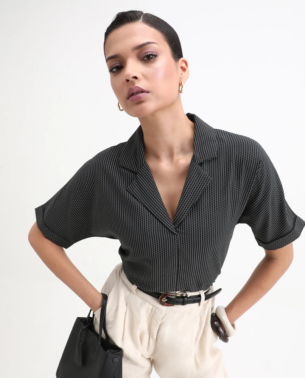 Rareism Women's Elnin Black Viscose Extended Sleeves Lapel Neck Regular Fit Top