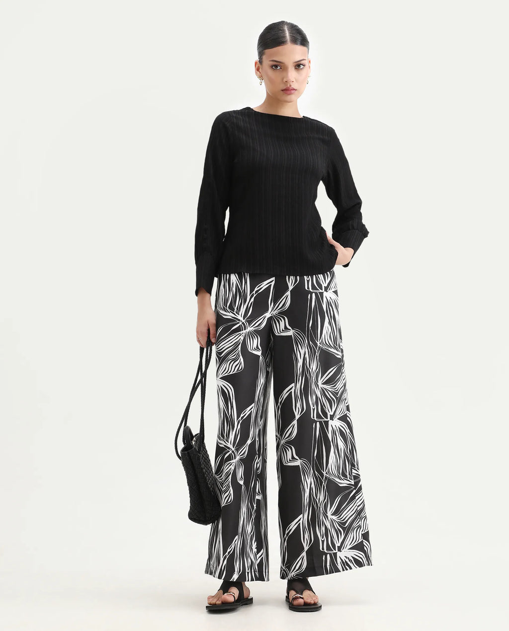 Rareism Women's Eloff-B Black Polyester Zipper Closure Wide Ankle Length Abstract Print Trouser