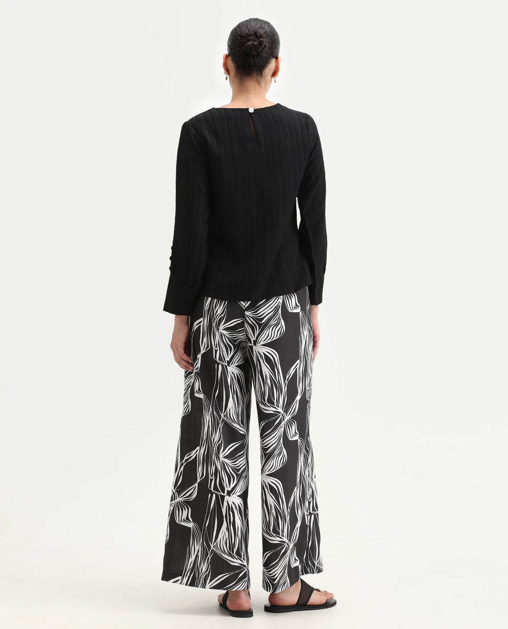 Rareism Women's Eloff-B Black Polyester Zipper Closure Wide Ankle Length Abstract Print Trouser