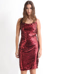 Rareism Women's Elsa Sheen Red Polyester Cowl Neck Sequined Shoulder Strap Knee Length Regular Fit Dress