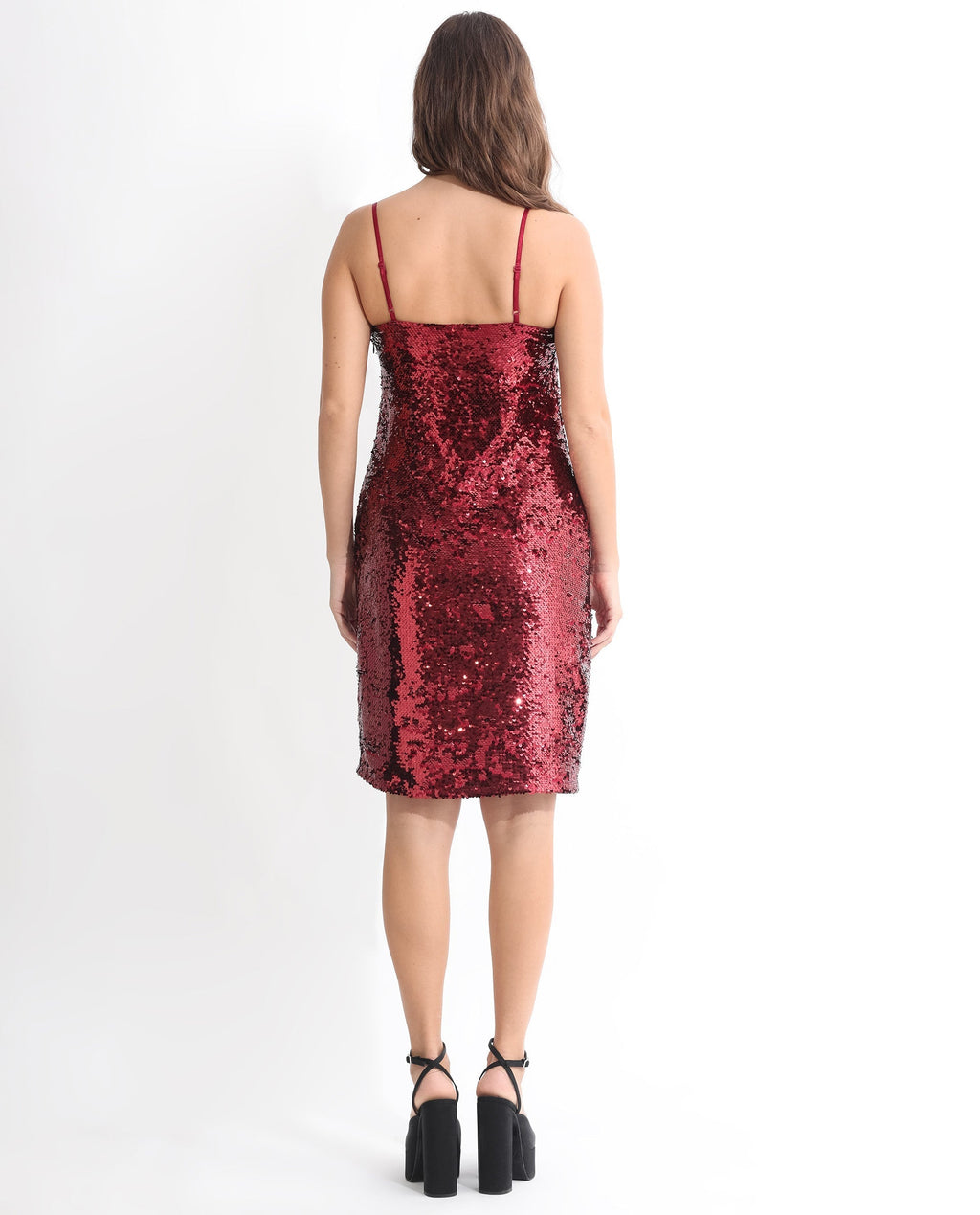 Rareism Women's Elsa Sheen Red Polyester Cowl Neck Sequined Shoulder Strap Knee Length Regular Fit Dress
