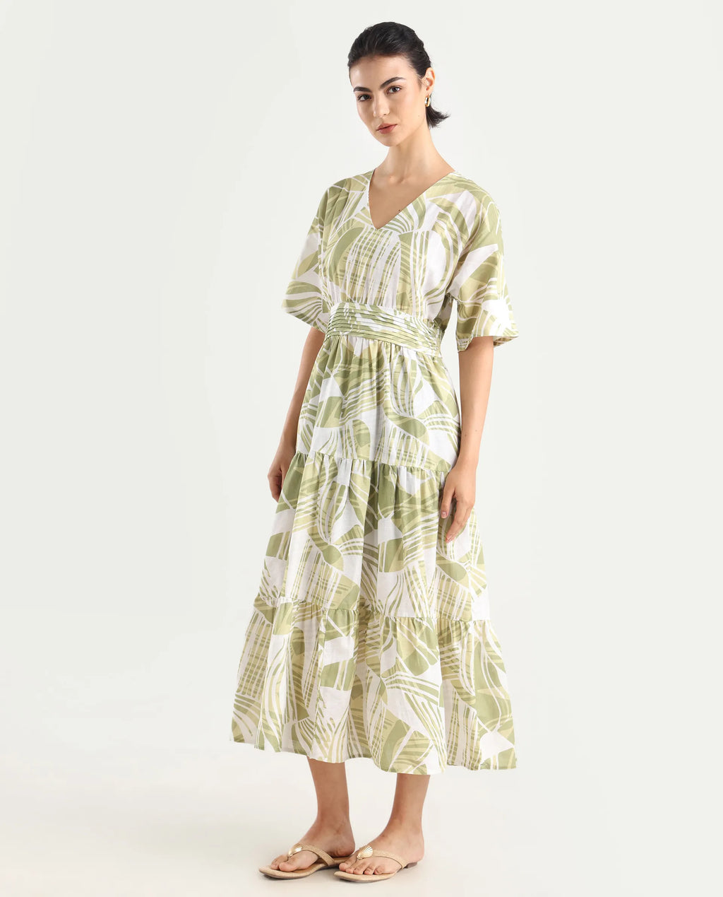 Rareism Women's Eltuz Light Green Cotton Blend V-Neck Abstract Print Extended Sleeves Maxi Fit And Flare Dress