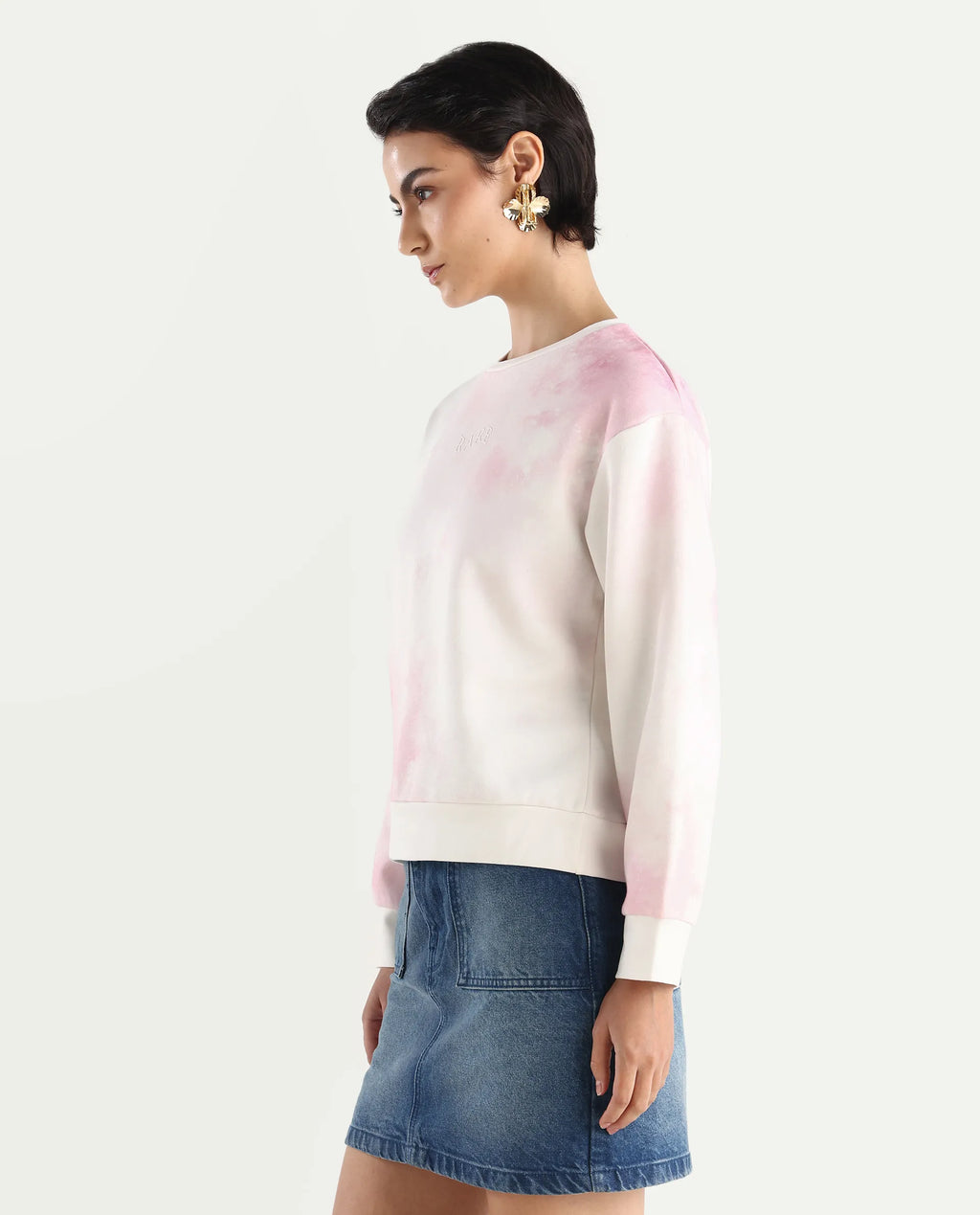 Rareism Women's Elvis Off White Cotton Blend Crew Neck Ombre Relaxed Fit Sweatshirt