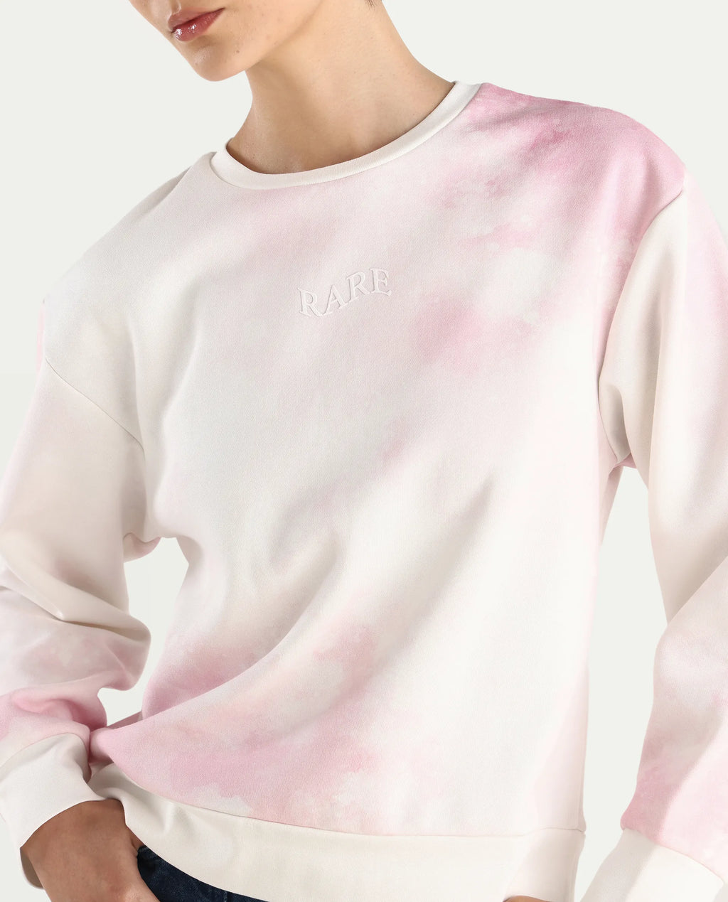 Rareism Women's Elvis Off White Cotton Blend Crew Neck Ombre Relaxed Fit Sweatshirt