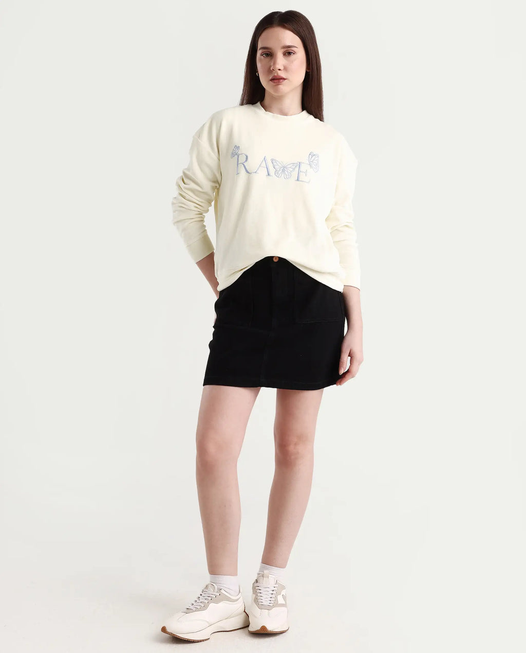 Rareism Women's Elwes Beige Polyester Blend Crew Neck Graphic Print Regular Fit Sweatshirt