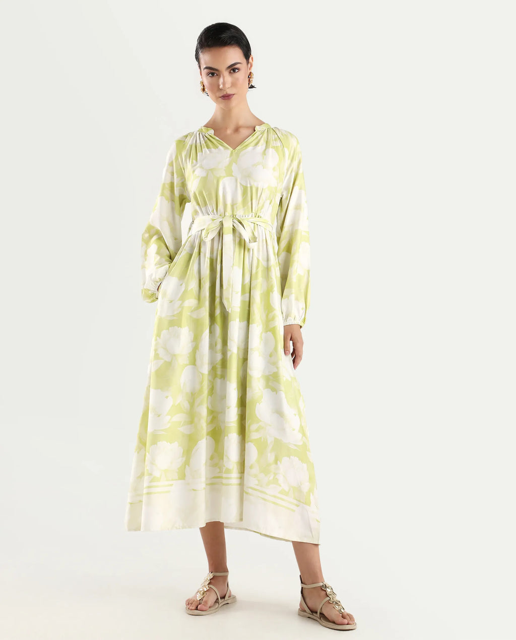 Rareism Women's Emil Green Cotton Mandarin Collar Floral Print Raglan Sleeve Maxi Fit And Flare Dress