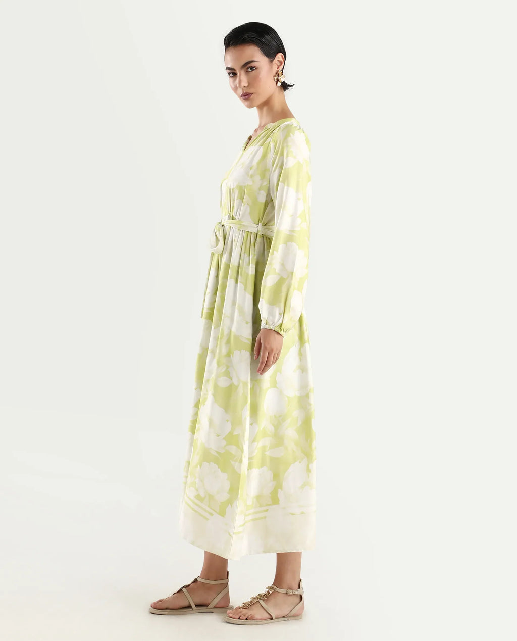 Rareism Women's Emil Green Cotton Mandarin Collar Floral Print Raglan Sleeve Maxi Fit And Flare Dress