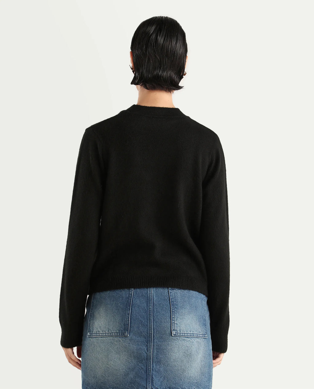 Rareism Women's Emm Black Polyester Crew Neck Plain Regular Fit Sweater
