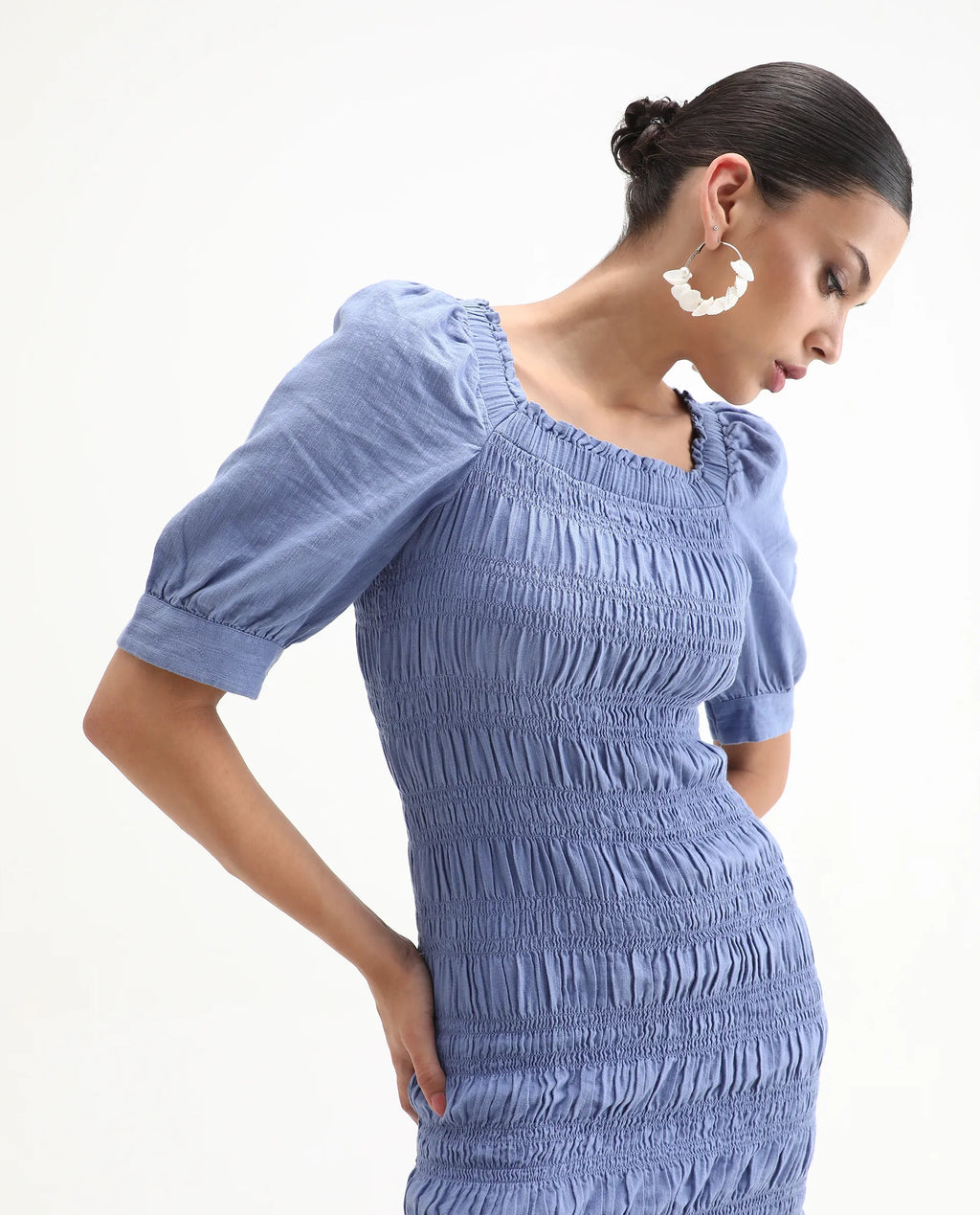Rareism Women's Emmo Blue Cotton Blend Tube Neck Plain Puff Sleeves Knee Length Regular Fit Dress
