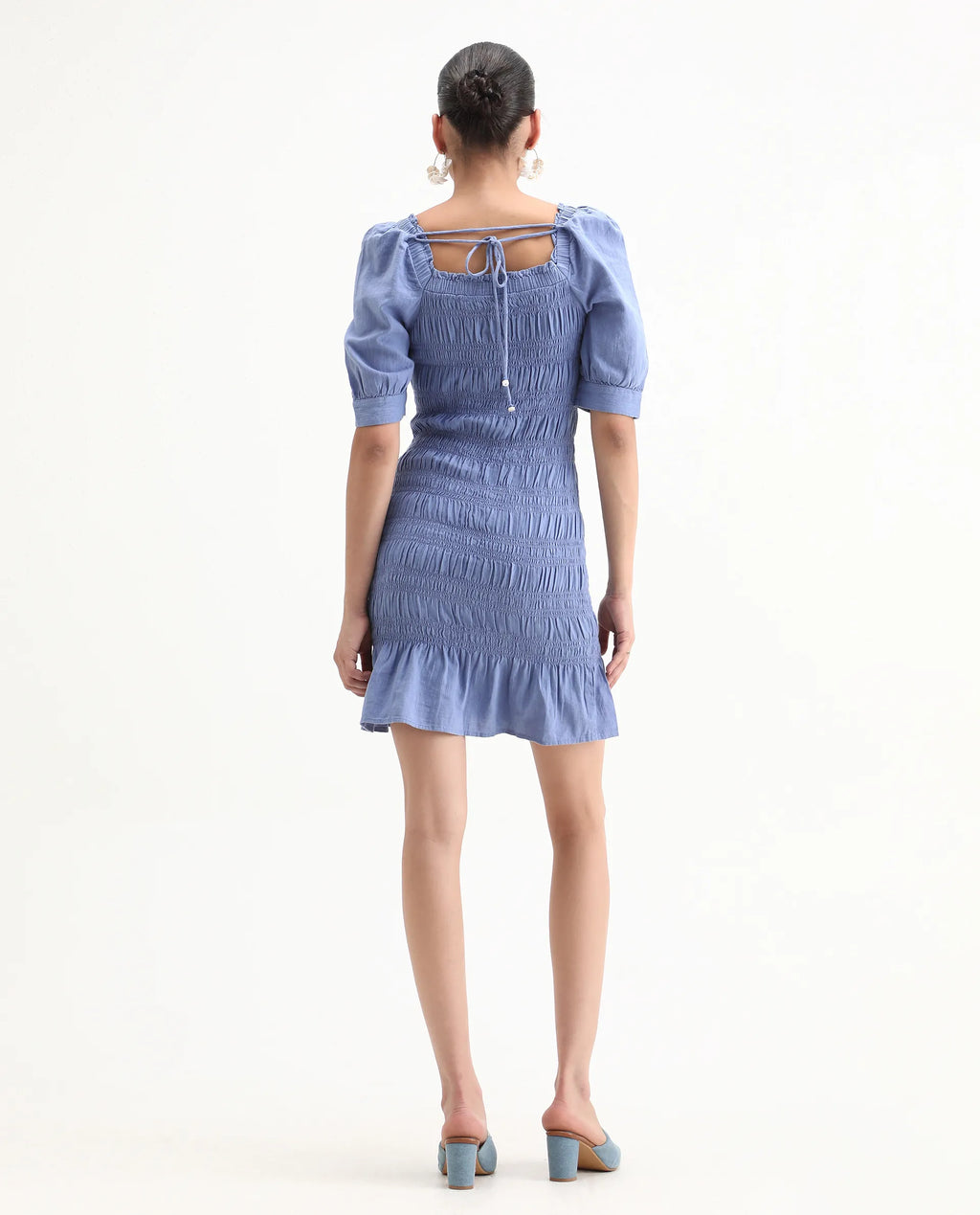 Rareism Women's Emmo Blue Cotton Blend Tube Neck Plain Puff Sleeves Knee Length Regular Fit Dress