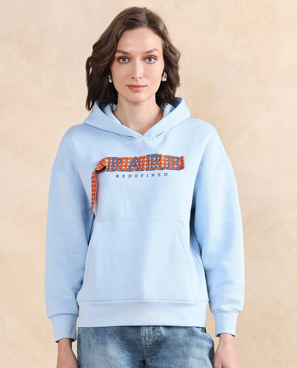 Rareism Women's Emtap Light Blue Cotton Blend Hooded Graphic Print Relaxed Fit Sweatshirt