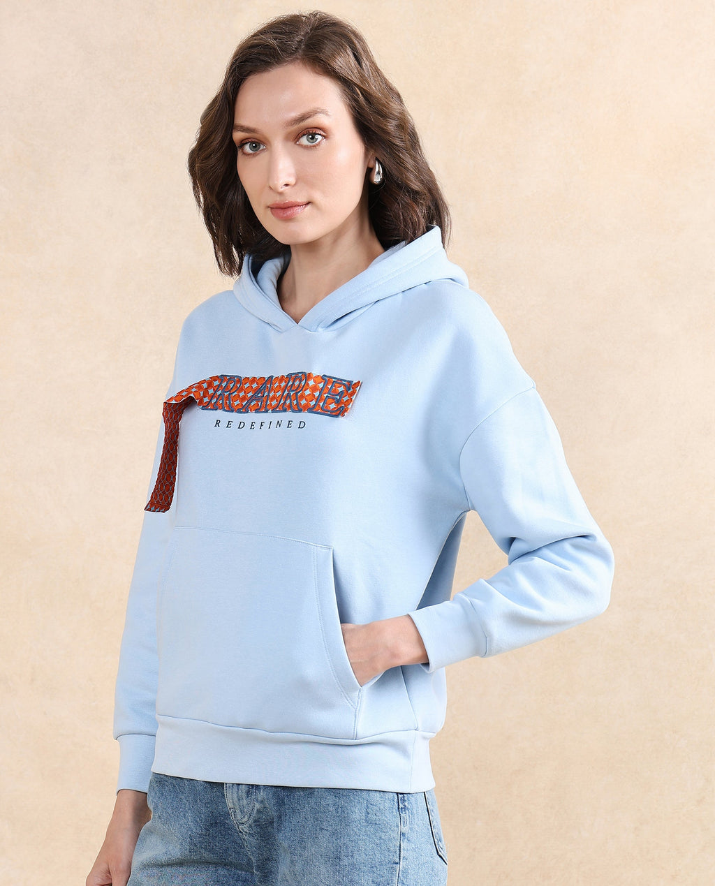 Rareism Women's Emtap Light Blue Cotton Blend Hooded Graphic Print Relaxed Fit Sweatshirt