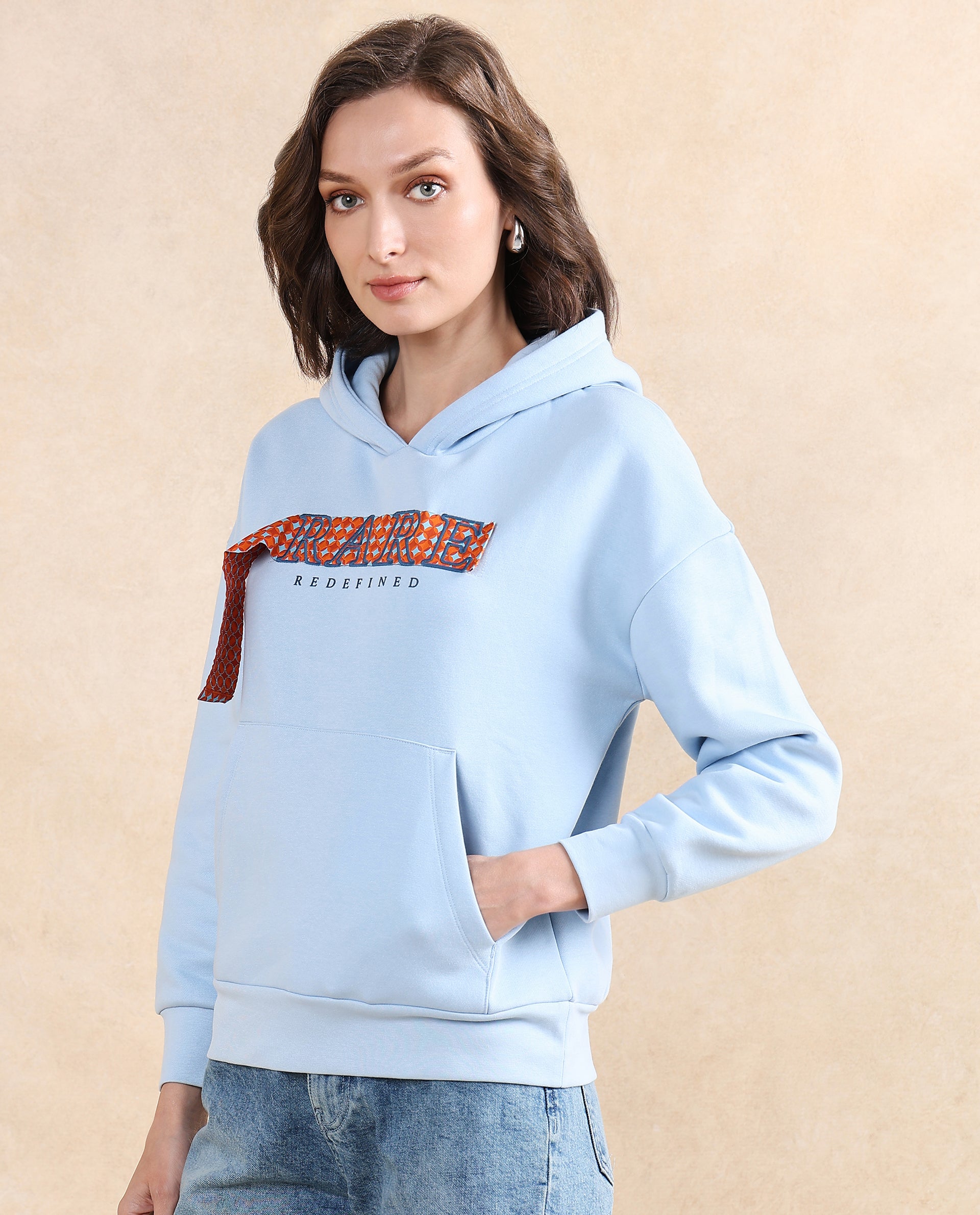 Rareism Women's Emtap Light Blue Cotton Blend Hooded Graphic Print Relaxed Fit Sweatshirt