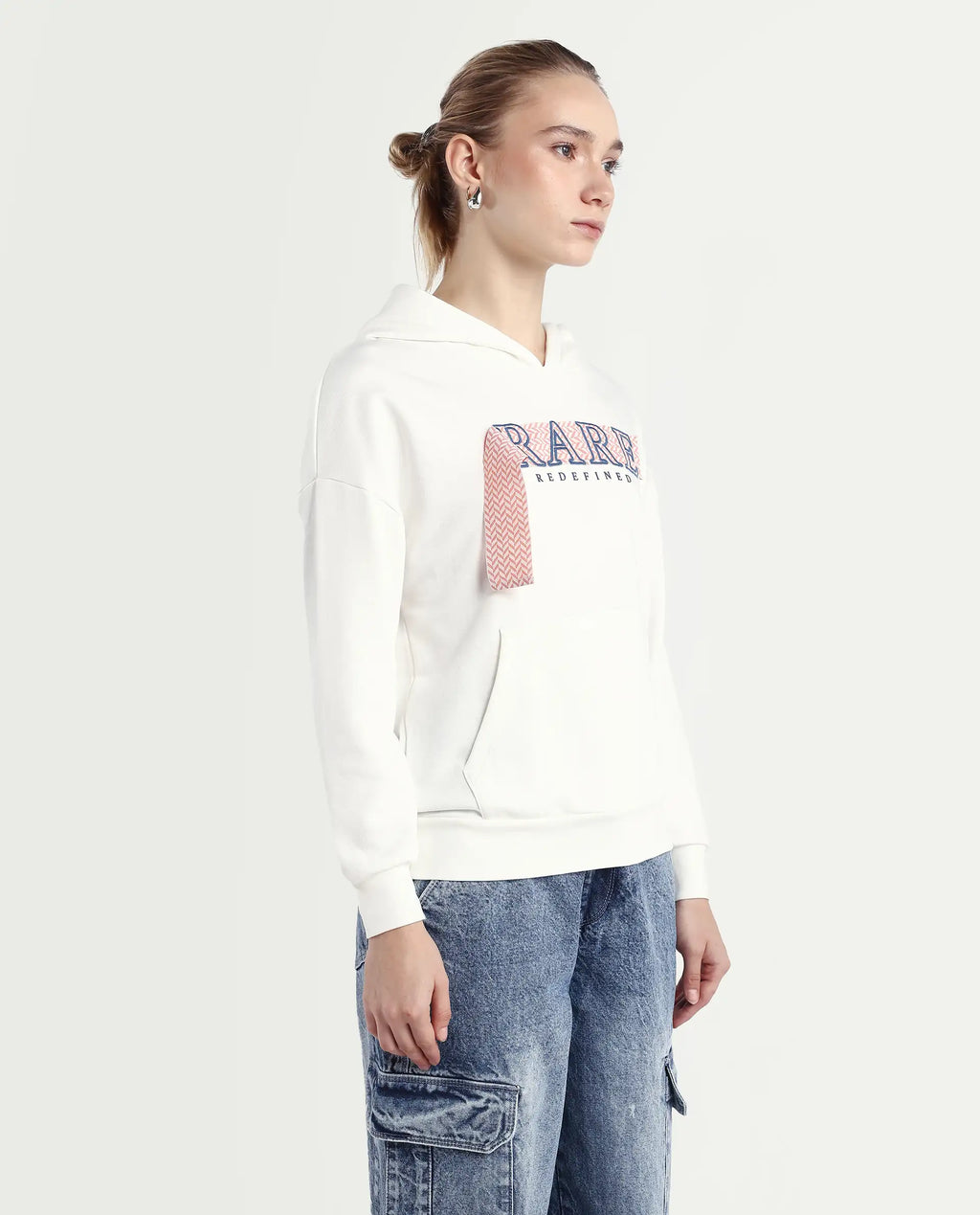 Rareism Women's Emtap Off White Cotton Blend Hooded Graphic Print Relaxed Fit Sweatshirt