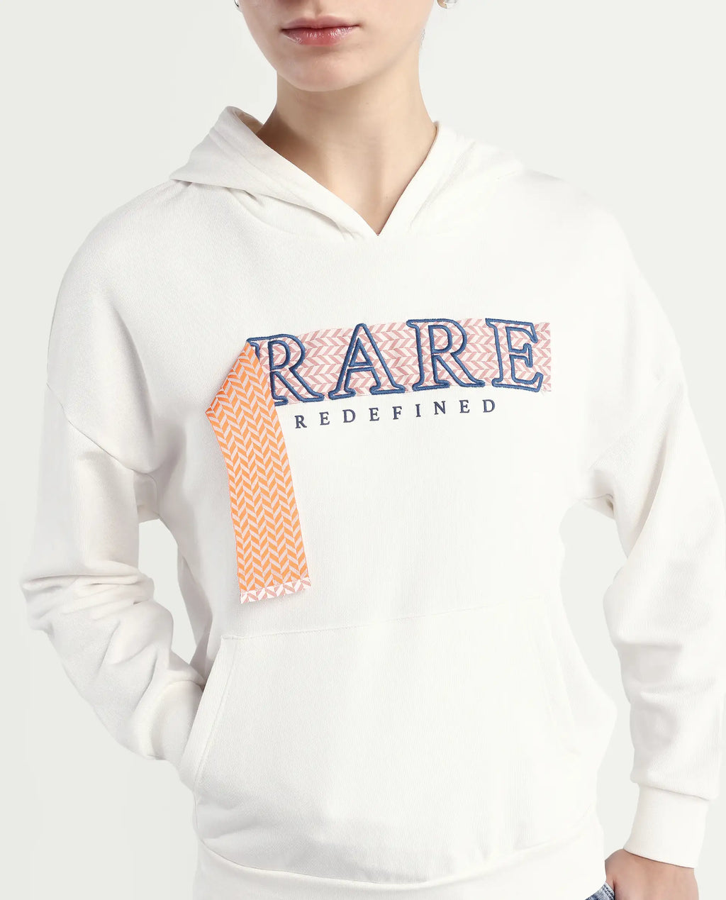 Rareism Women's Emtap Off White Cotton Blend Hooded Graphic Print Relaxed Fit Sweatshirt